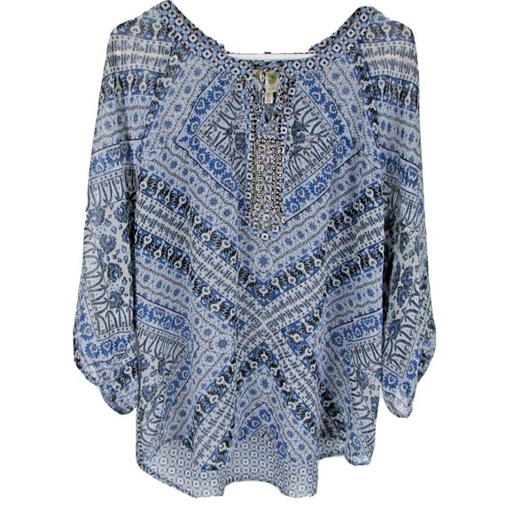 Fig and Flower Anthropologie Tops - Anthropologie Fig & Flower Blue Floral Semi Sheer Boho Tunic Top Studded LARGE